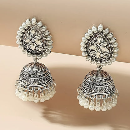 Bohemian Ethnic Golden-Tone Earrings with Imitation Pearl Accents & Synthetic Stones