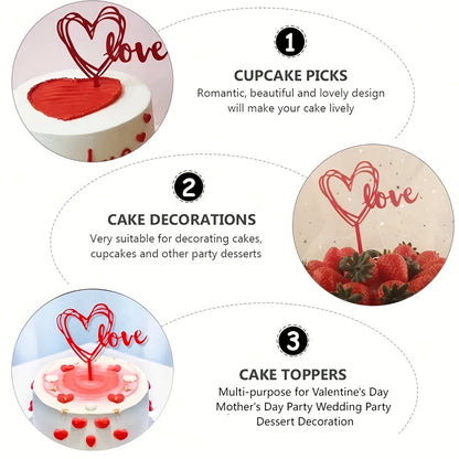 10pcs Red Love Heart Cake Topper Picks – Plastic Cupcake Flags with "LOVE" Design for Birthdays, Weddings, Anniversaries, Graduations, Mother'S Day – Festive Dessert Decorations for Party Celebrations, Cupcake Accessories