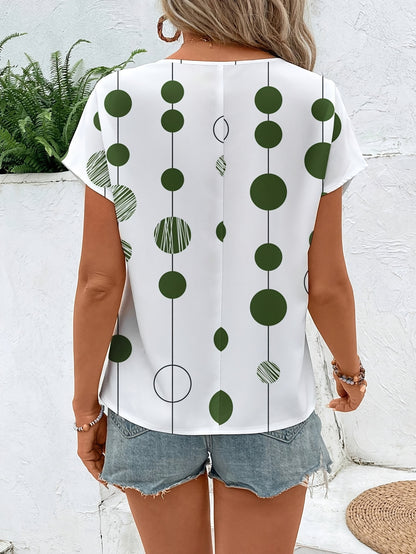 Women's Casual Green & White Geometric Print Long Sleeve Blouse - Lightweight Polyester, Round Neck, Machine Washable, Perfect for Spring/Summer/Fall
