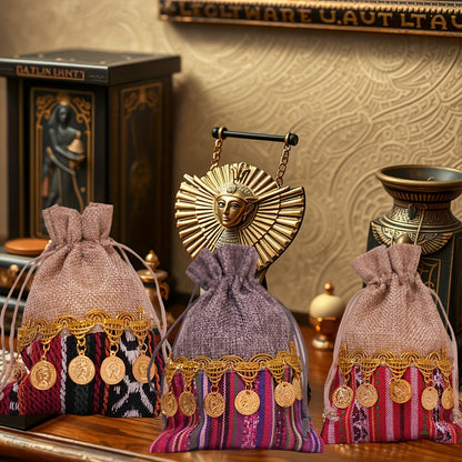 12pcs Vibrant Indian-Inspired Drawstring Bags - Durable Jute with Golden Coin Embellishments, Ideal for Jewelry, Weddings & Birthday Parties, Party Favor Bags|Traditional Design|Jute Material, Jewelry Bag