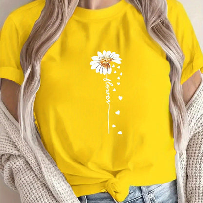 Women'S Floral Print T-Shirt - Casual & Vacation Style, Short Sleeve Crew Neck, Spring/Summer Collection, Machine Washable, Slim Fit with Vibrant Flower Design, Lightweight Polyester Blend, Perfect for Casual Attire, Casual S