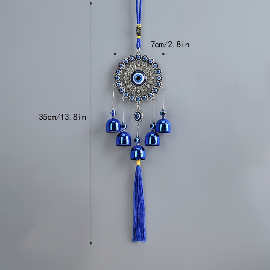1pc Blue Evil Eye Wind Chime with Tassels – Metal Wall Hanging Decor for Outdoor, Balcony, or Patio – Intricate Design with Bells and Threads in Blue and Yellow, Wind Chimes for Outside