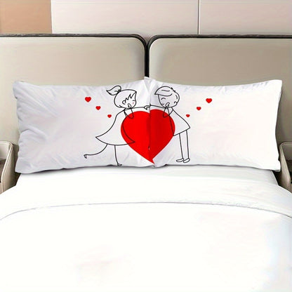 2-Pack Romantic Couple Cartoon Pillowcases - French Style Endless Love Design, Soft Polyester Single-Sided Print, Wrinkle & Fade Resistant, All-Season White Bedding with Zipper Closure (Pillow Inserts Not Included), Bed Room