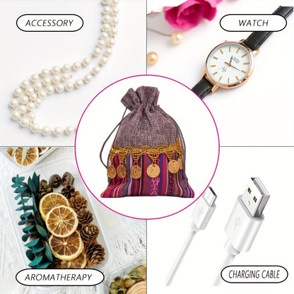 12pcs Vibrant Indian-Inspired Drawstring Bags - Durable Jute with Golden Coin Embellishments, Ideal for Jewelry, Weddings & Birthday Parties, Party Favor Bags|Traditional Design|Jute Material, Jewelry Bag