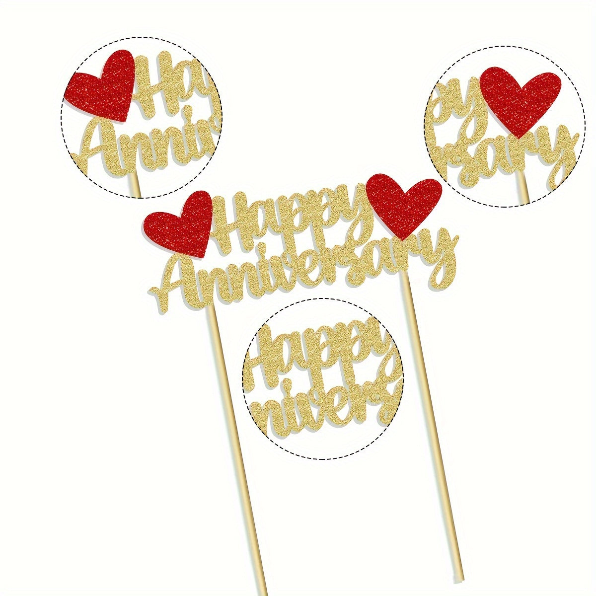 1 Pack Bamboo Happy Anniversary Cake Topper, Glittering Non-Electric Universal Holiday Cake Decoration Supplies for Wedding Celebrations for Halloween, Christmas Event & Party Supplies