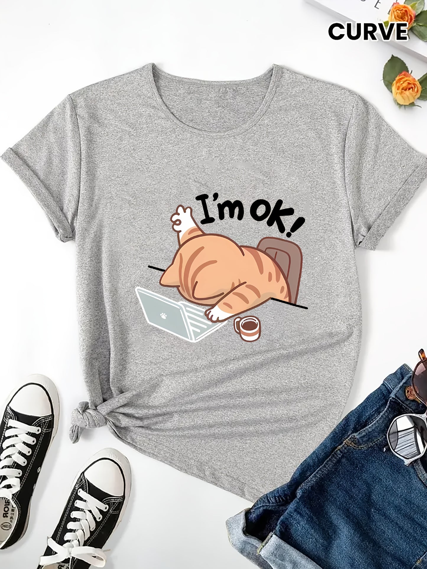 Women'S Casual Crew Neck Short Sleeve T-Shirt - "I'm Ok!" Cat Design, Soft & Comfortable Fabric, Perfect for Spring & Summer Outfits, Casual Wear | Playful Graphic Tee | Comfortable Fit