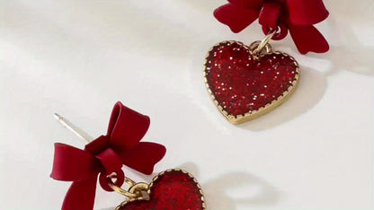 Red Heart Bow Dangle Earrings