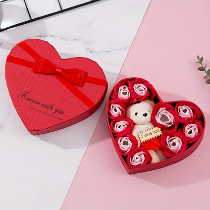 10pcs Romantic Rose Soap Gift Set with Teddy Bear - Heart-Shaped Plastic Box for Wedding, Bridal Shower, Birthday, Anniversary, Christmas, Thanksgiving, Valentine's Day, Mother's Day, Graduation - No Electricity Needed, Feath