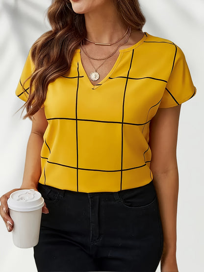 Women's Casual Plaid Print Shirt, V-Neck Short Sleeve Buttonless Blouse, Perfect for Spring and Summer Daily Outings, Vacation, Commuting, Stylish Women's Top, Cute T-Shirt, V-Neck, Summer Wear, Elegant Top, Casual Shirt, Ret