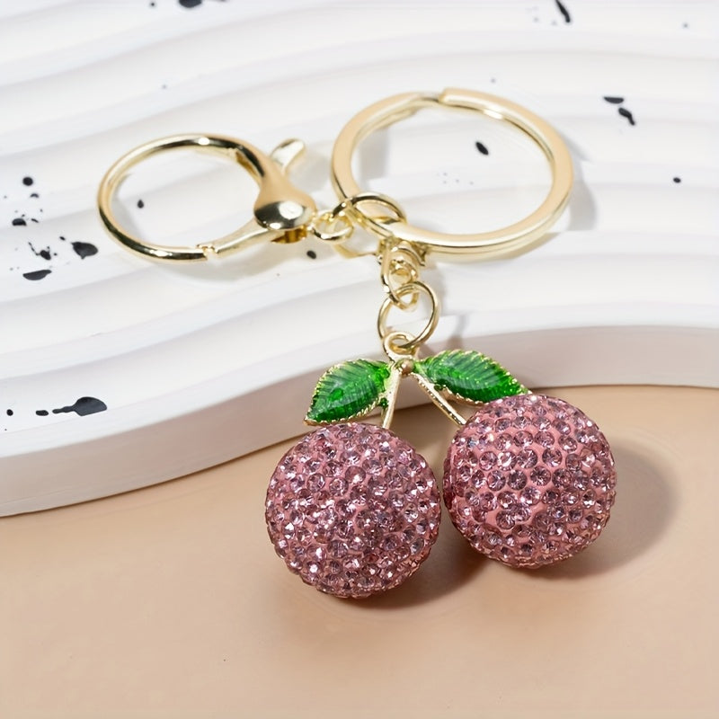 1pc Creative Cute Fruit Rhinestone Cherry Keychain for Women, Alloy Metal, Cartoon Plant Theme, Lobster Clasp, Decorative Car Key Pendant, Birthday Festival Gift, Key Accessories