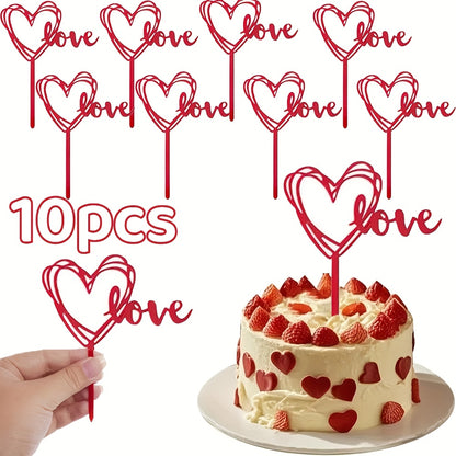 10pcs Red Love Heart Cake Topper Picks – Plastic Cupcake Flags with "LOVE" Design for Birthdays, Weddings, Anniversaries, Graduations, Mother'S Day – Festive Dessert Decorations for Party Celebrations, Cupcake Accessories