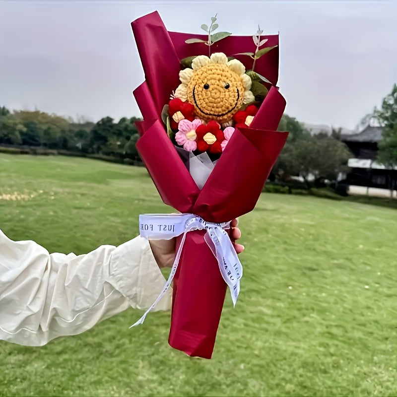 Realistic Knit Sunflower Bouquet with Smiling Face - No Electricity Needed, Durable Polyester Floral Arrangement for Home Decor, Birthday & Thanksgiving Gifts, Office & Party Centerpieces, Handmade Aesthetic Tabletop Decor, S