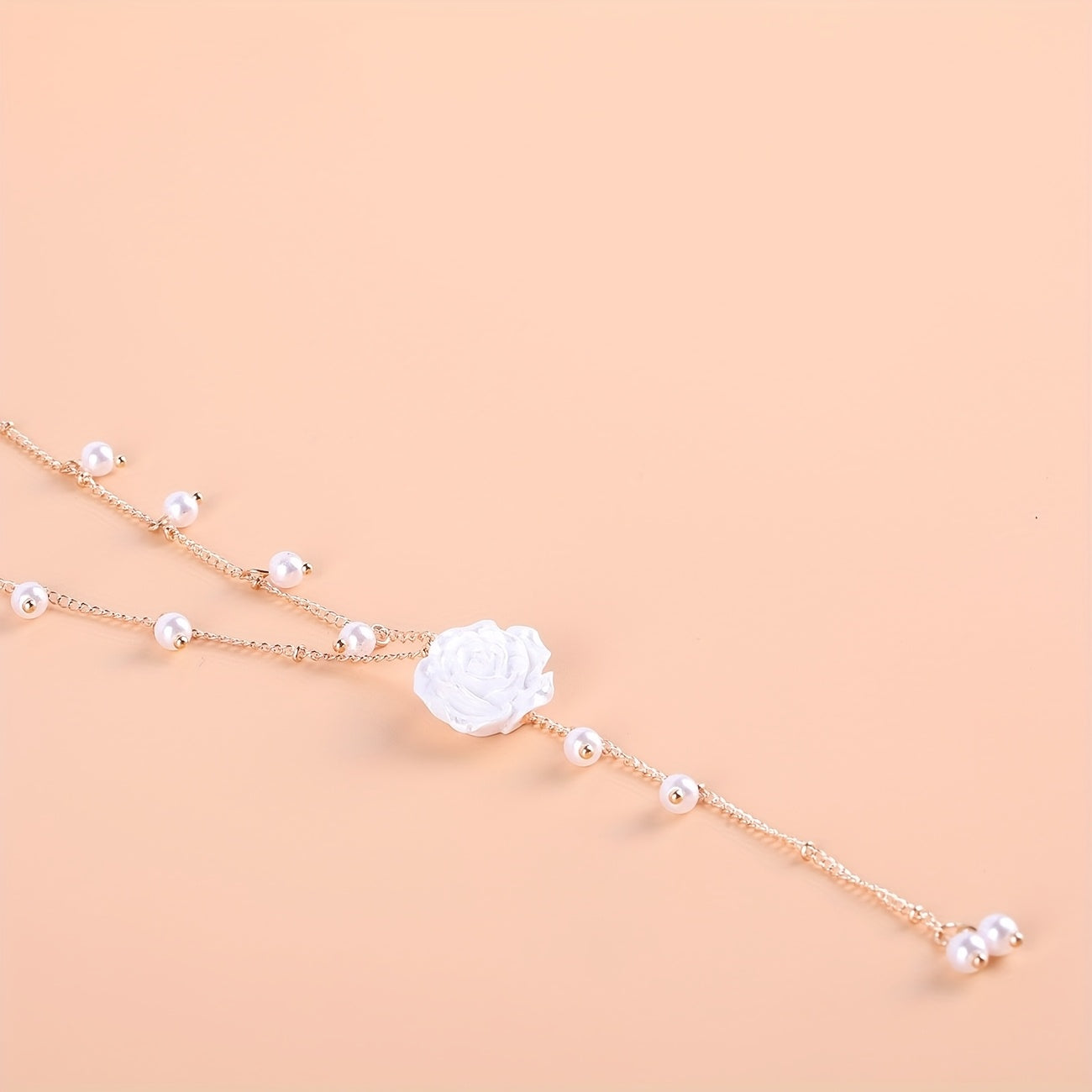 1pc Elegant Rose & Necklace with Cascading Tassel Pendant - White Floral Chain with Green Center, Artificial & Rose, Versatile Everyday Jewelry Gift for Women, Valentine's Day, Anniversary, Birthday, Year-Round Wear