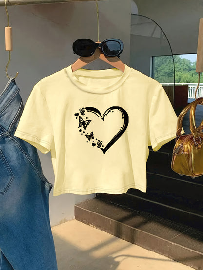 Women'S Red Heart & Butterfly Print Crop Top T-Shirt - Casual Round Neck Short Sleeve, Lightweight Polyester, Machine Washable, Spring/Summer Fashion Essential, Versatile Streetwear, Butterfly Shirt
