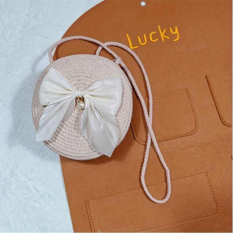 Elegant Coffee-Colored Round Woven Crossbody Bag with Pearl Bow Detail