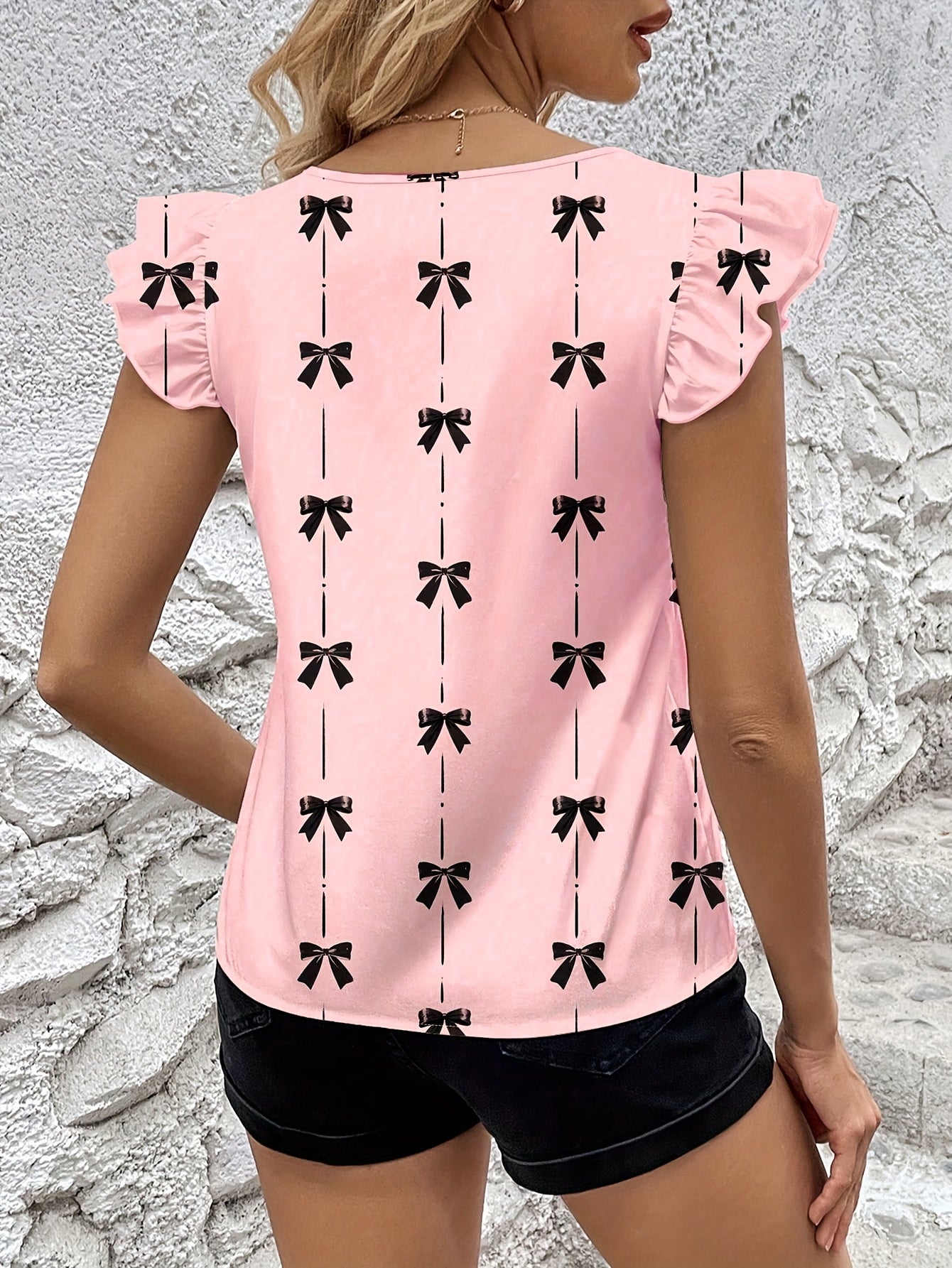 Graceful Women's Bow Print Flutter Sleeve Blouse Short-Sleeve Top