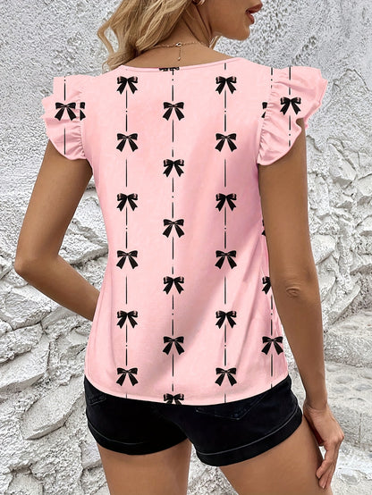 Graceful Women's Bow Print Flutter Sleeve Blouse Short-Sleeve Top