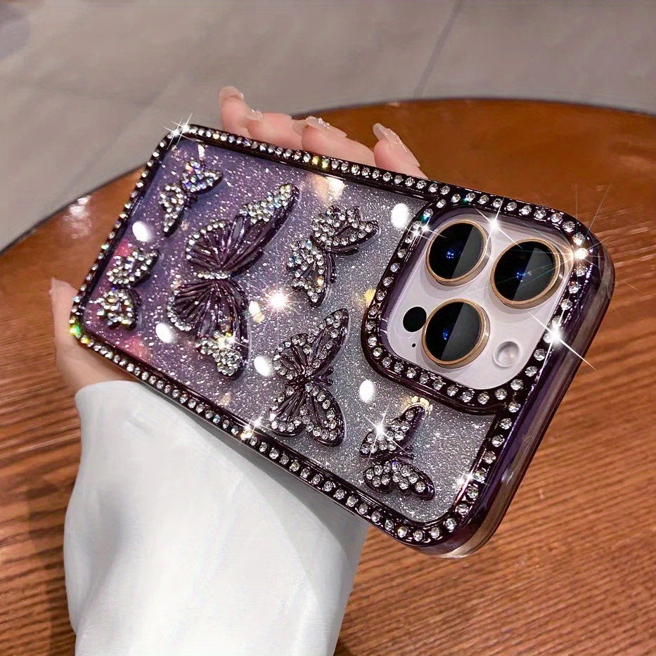 Glitter 3D Butterfly Shiny Case for iPhone 16 15 14 13 12 11 Pro Max Plus Diamond Bling Sparkly Rhinestone Girls Pink Cute Cover
