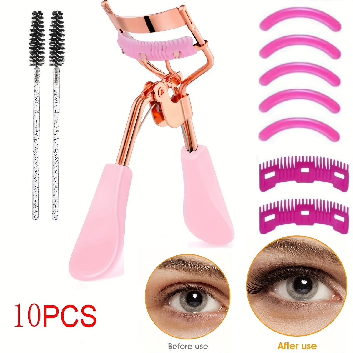 Eyelash Curler, Women's Eyebrow Brush Set, Eyelash Curler with Comb, Eyelash Comb Separator, 3-in-1 Mascara Brush, 2-in-1 Beveled Eyebrow Brush and Comb, Eyelash Curler Replacement Strip, Comb. Suitable for all eye shapes, qu