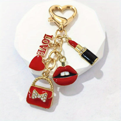Valentine's Day Gift for Her - Retro Rhinestone-Embellished LOVE Letter & Heart Charm Keychain with Red Lips, Golden-Tone Alloy Purse Accessory for Keys or Bags, Stylish Key Organizer, Bold Lip Design, Rhinestone Embellishmen