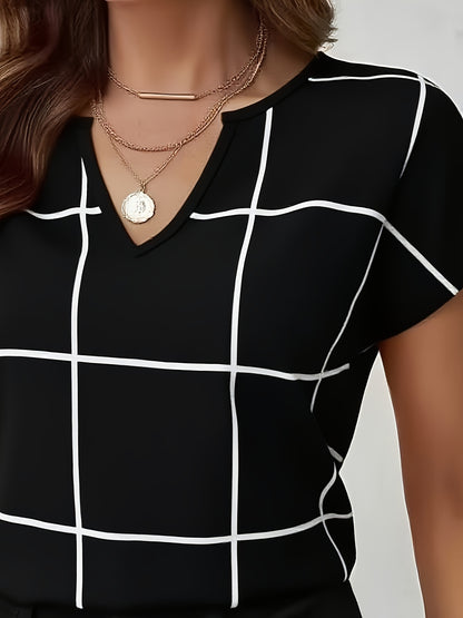 Women's Casual Plaid Print Shirt, V-Neck Short Sleeve Buttonless Blouse, Perfect for Spring and Summer Daily Outings, Vacation, Commuting, Stylish Women's Top, Cute T-Shirt, V-Neck, Summer Wear, Elegant Top, Casual Shirt, Ret