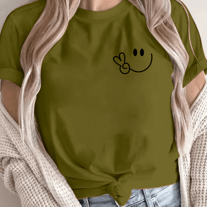 Women'S Casual Crew Neck T-Shirt with Smile Face Graphic, Short Sleeve, Regular Length, Letter Print Design, Soft Fabric, Perfect for Spring and Fall
