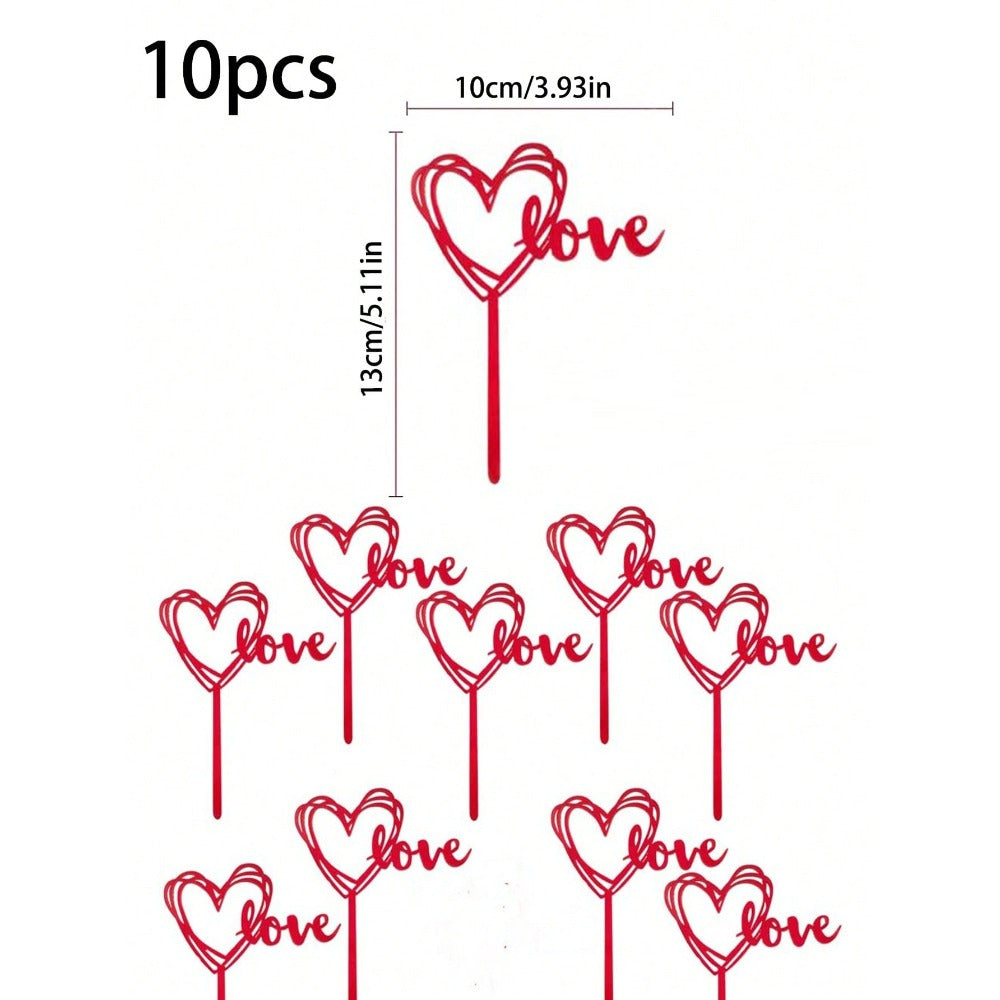 10pcs Red Love Heart Cake Topper Picks – Plastic Cupcake Flags with "LOVE" Design for Birthdays, Weddings, Anniversaries, Graduations, Mother'S Day – Festive Dessert Decorations for Party Celebrations, Cupcake Accessories