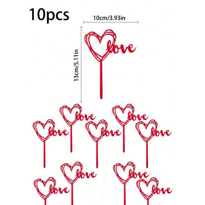 10pcs Red Love Heart Cake Topper Picks – Plastic Cupcake Flags with "LOVE" Design for Birthdays, Weddings, Anniversaries, Graduations, Mother'S Day – Festive Dessert Decorations for Party Celebrations, Cupcake Accessories