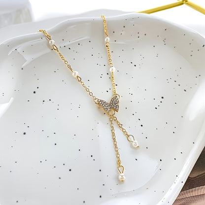 Butterfly Faux Imitation Pearl & Rhinestone Necklace - Adjustable Golden-Tone Chain, Elegant French-Inspired Jewelry for Women, Versatile Daily Wear, Travel Jewelry & Valentine's Day Gift, Everyday Accessory, Rhinestone Embel