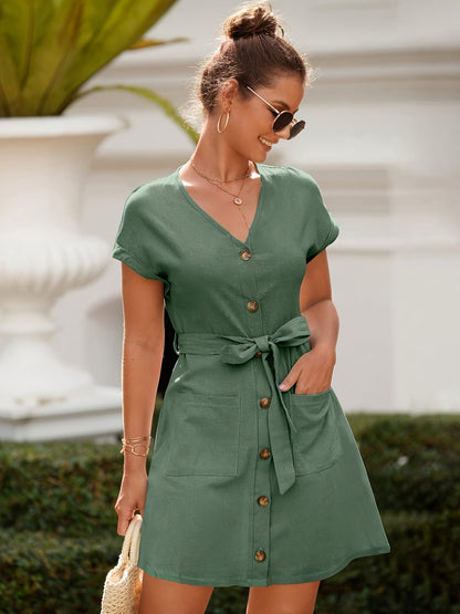 Summer Fashion V-Neck Short-Sleeve Belted Dress