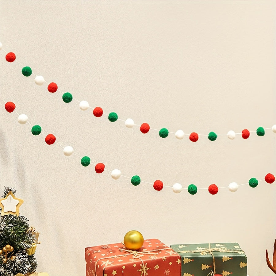 2m/6ft Christmas Garland - Red, Green, White Hanging String with Ball Ornaments - Easy Hang No Electricity Needed - Durable Polyester Chains for Xmas Tree, Mantel, Wreaths, Party Decorations - Indoor/Outdoor Holiday Decoratio