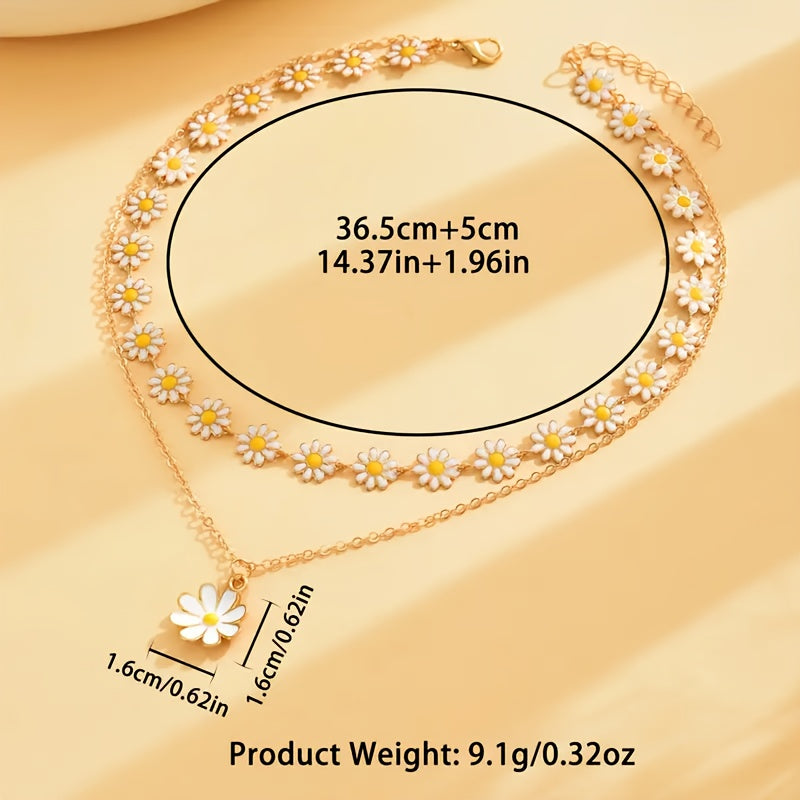 2pcs Fashion Classic Daisy Chain Necklace Set with White Flower Pendant, Double Layer Collarbone Necklace for Women - Perfect for Daily Wear and Party Accessories