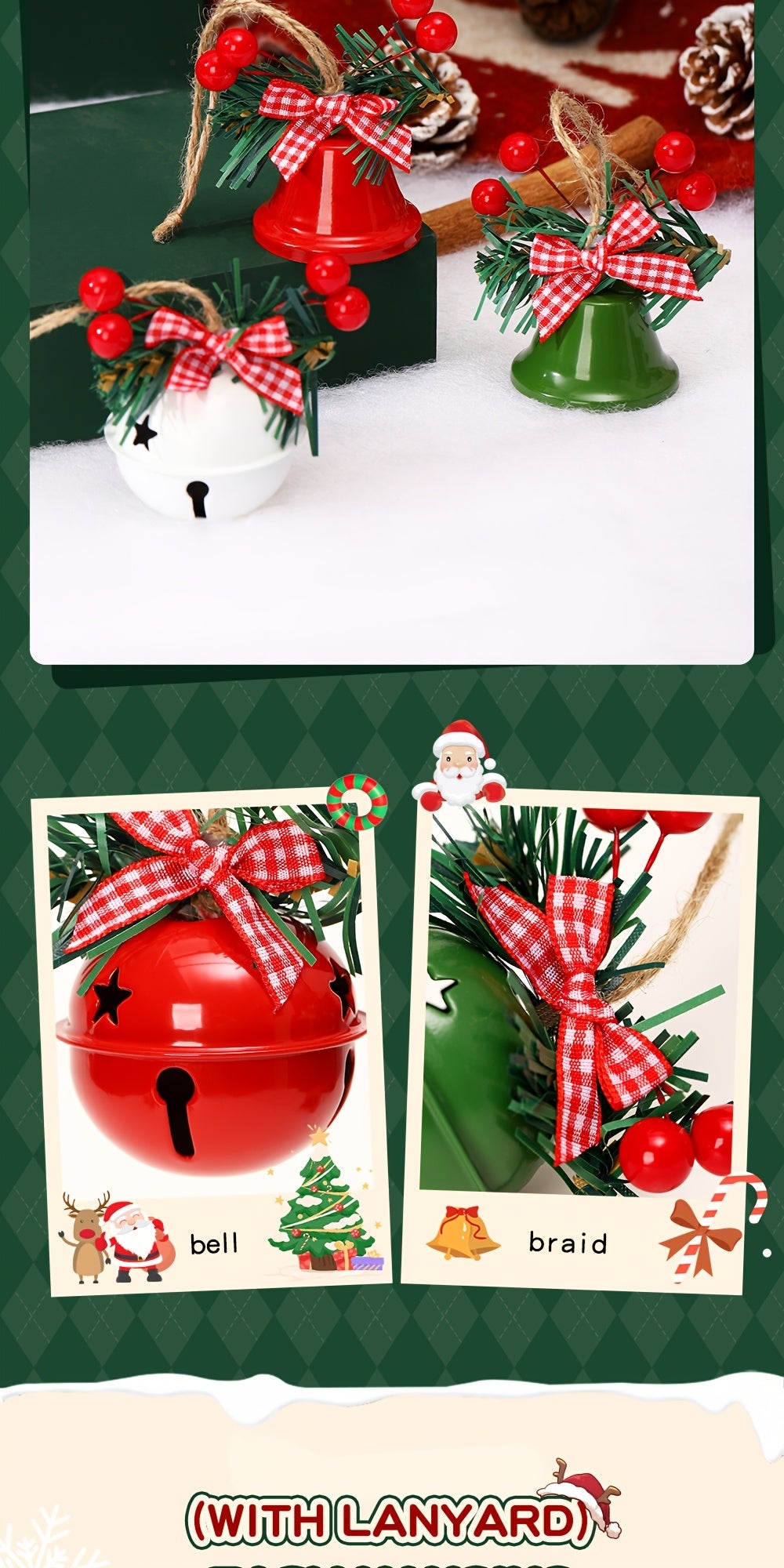 1 Set Christmas Jingle Bell Ornaments, Metal Hanging Decorations with Red Berries and Plaid Bows, Holiday Tree and Wreath Accents, No Electricity Required, Festive Wall and Door Decor