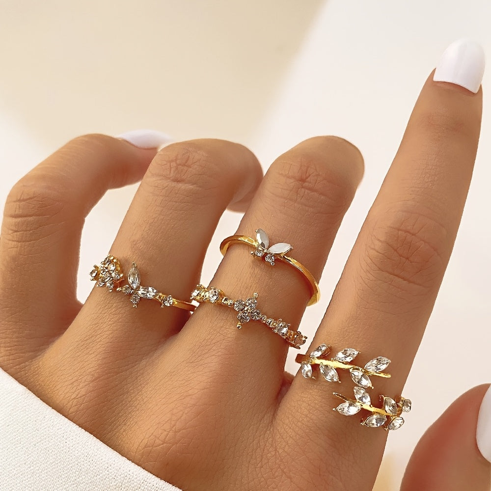 Elegant and Exquisite Y2K Style Sparkling Rhinestone Leaves Flowers Butterflies rings