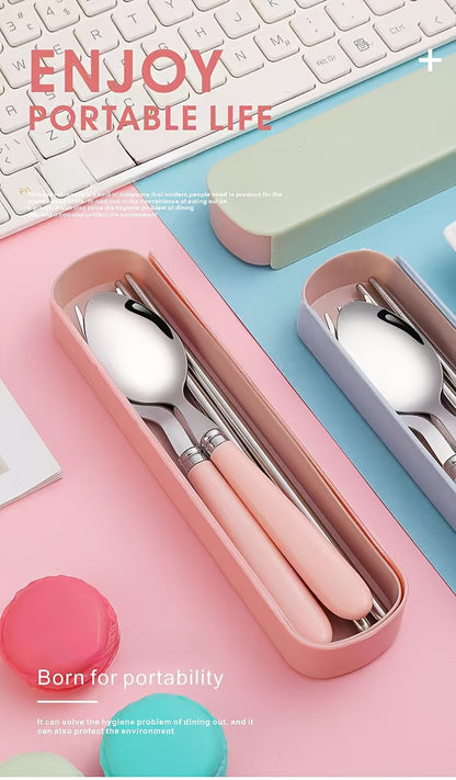 Stainless Steel Cutlery Set with Portable Storage Box - Durable Polished Finish, Includes Spoon, Fork, and Chopsticks, Ideal for Camping and Everyday Use, Camping Essentials|Sleek Cutlery Set|Durable Cutlery, Camping Utensils