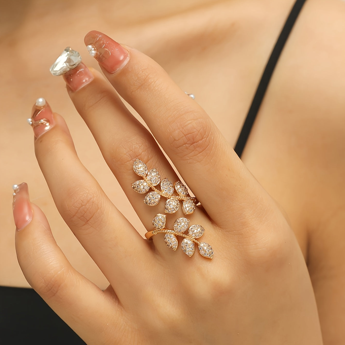 Adjustable Ladies' Ring With Trendy Copper Inlaid With Zirconia, Featuring Tree Leaves And Wheat Spikes