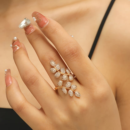 Adjustable Ladies' Ring With Trendy Copper Inlaid With Zirconia, Featuring Tree Leaves And Wheat Spikes