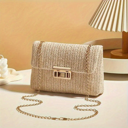 Elegant Beige Woven Shoulder Bag with Chain Strap and Turn-lock Closure