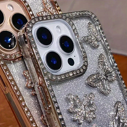 Glitter 3D Butterfly Shiny Case for iPhone 16 15 14 13 12 11 Pro Max Plus Diamond Bling Sparkly Rhinestone Girls Pink Cute Cover