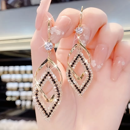 Double-Layer Hollow Diamond-Shaped Sparkling Synthetic Zirconia Drop Earrings