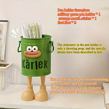 3pcs Set Cute Smiling Face Pen Holders with Expressive Eyes & Mouth - Heavy-Duty Plastic Desktop Storage Organizers with Green & White Lids, Labelled Compartments for Office & Home School Supplies, Fun Desk Organizer Set (Ide