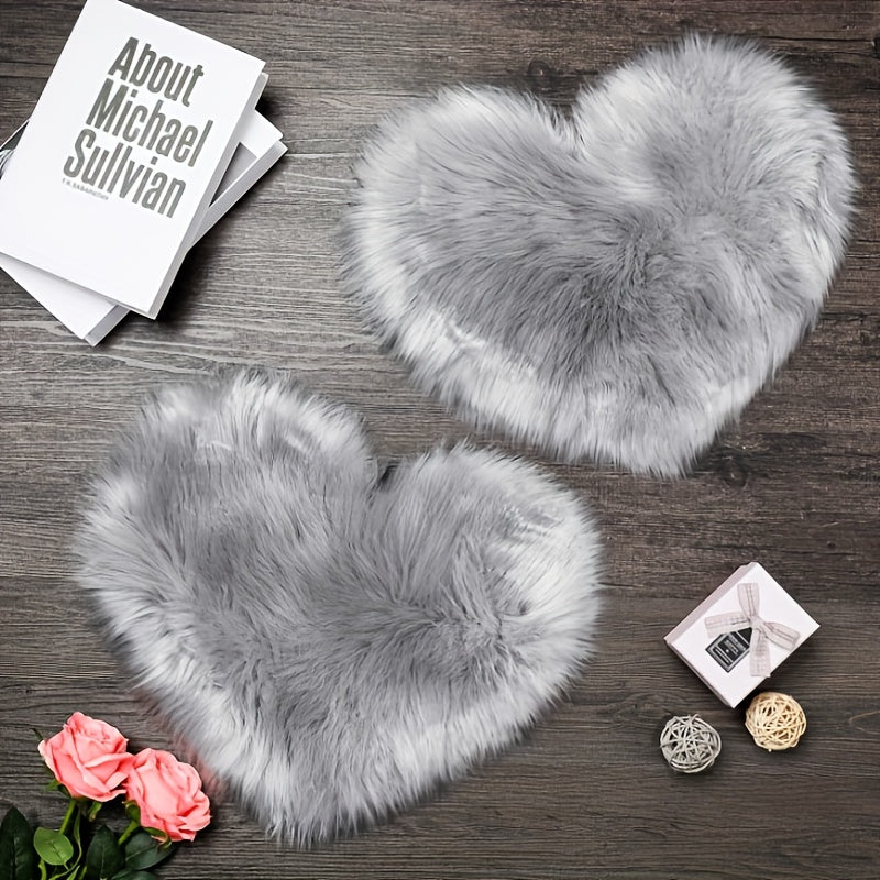 2pcs Black Plush Heart-Shaped Mat Ornaments - Soft Faux Artificial Wool, Machine Washable, Decorative Floor Mats for Bedroom, Living Room & Dressing Table, Perfect Christmas Gift with Elegant Floral Accents, Bedroom Decor | P