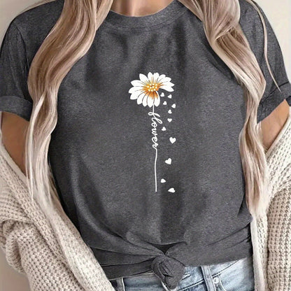 Women'S Floral Print T-Shirt - Casual & Vacation Style, Short Sleeve Crew Neck, Spring/Summer Collection, Machine Washable, Slim Fit with Vibrant Flower Design, Lightweight Polyester Blend, Perfect for Casual Attire, Casual S