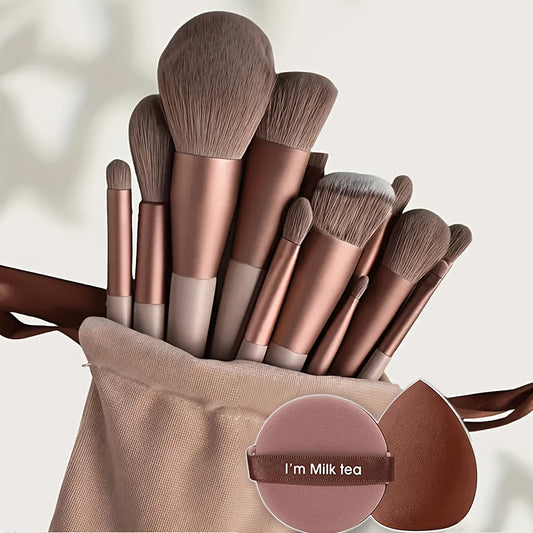 13pcs Makeup Brush Set + 2pcs Brown Makeup Sponges, Eye Shadow, Foundation, BB Cream, Concealer Makeup Brushes, Soft All-In-One Makeup Tools for Women