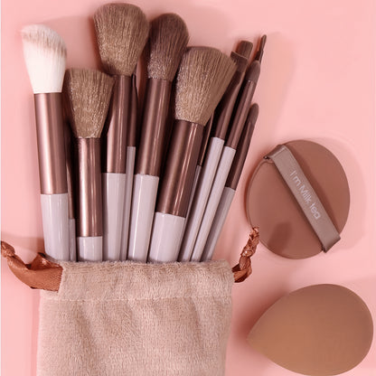 13pcs Makeup Brush Set + 2pcs Brown Makeup Sponges, Eye Shadow, Foundation, BB Cream, Concealer Makeup Brushes, Soft All-In-One Makeup Tools for Women