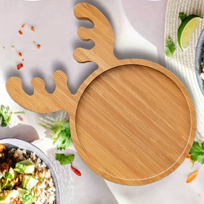 1pc Holiday Deer Bamboo Plate - Mini Sushi, Fruit & Dessert Serving Tray with Natural Wood Finish, Reusable Christmas Party Centerpiece & Snack Display, High-Quality Recycled Wood for Festive Table Decor, Holiday Table Decor