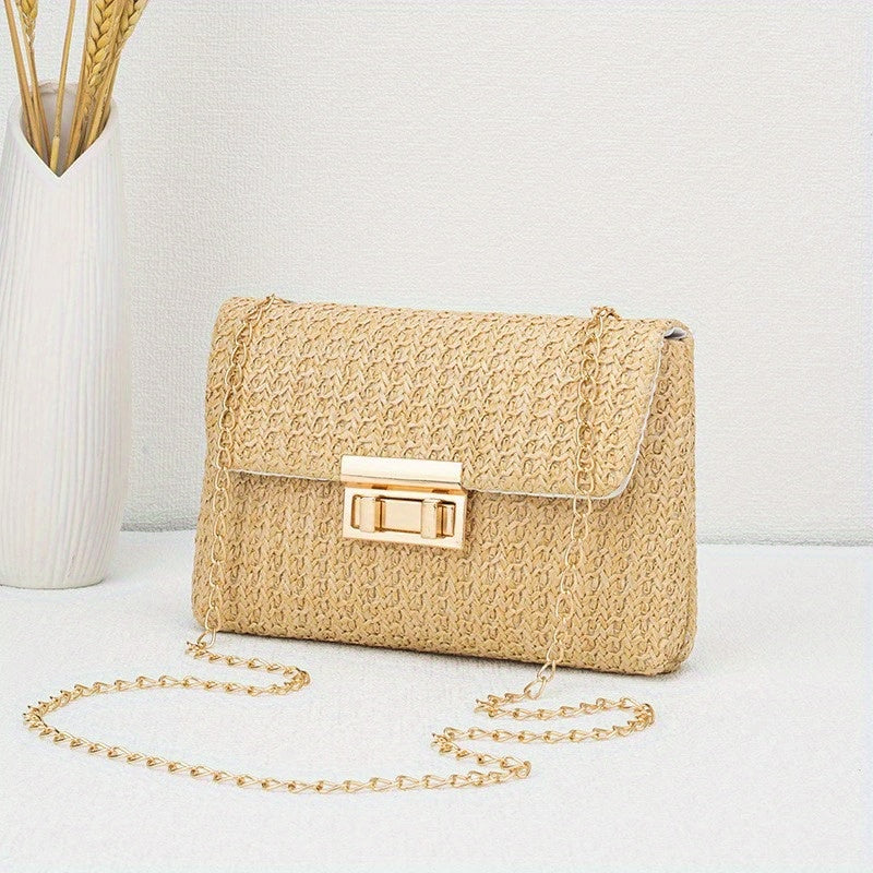Elegant Beige Woven Shoulder Bag with Chain Strap and Turn-lock Closure