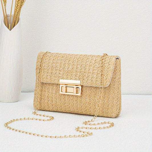 Elegant Beige Woven Shoulder Bag with Chain Strap and Turn-lock Closure