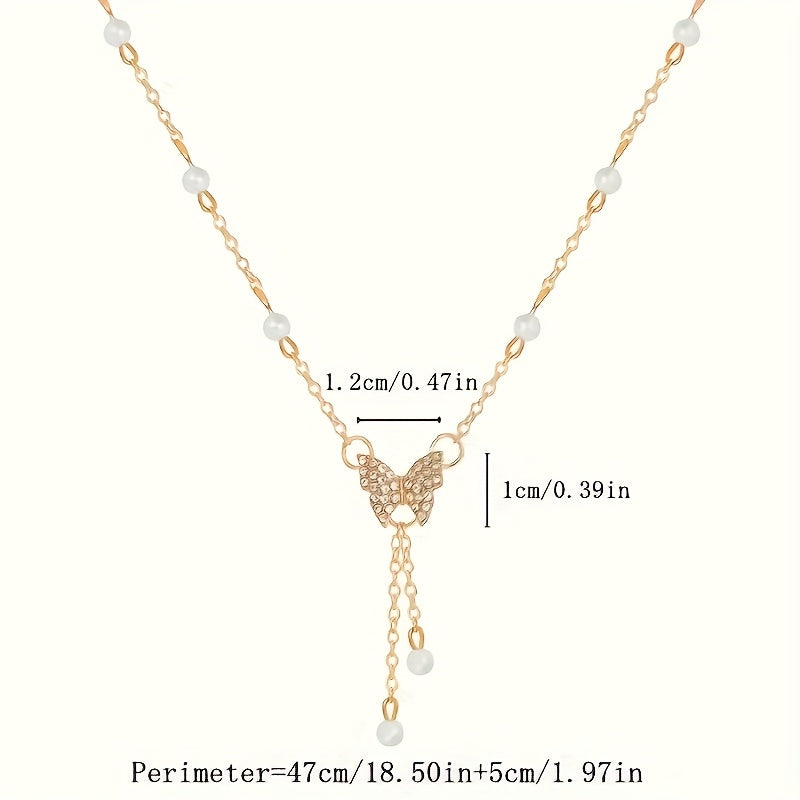 Butterfly Faux Imitation Pearl & Rhinestone Necklace - Adjustable Golden-Tone Chain, Elegant French-Inspired Jewelry for Women, Versatile Daily Wear, Travel Jewelry & Valentine's Day Gift, Everyday Accessory, Rhinestone Embel
