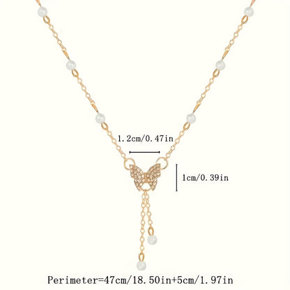 Butterfly Faux Imitation Pearl & Rhinestone Necklace - Adjustable Golden-Tone Chain, Elegant French-Inspired Jewelry for Women, Versatile Daily Wear, Travel Jewelry & Valentine's Day Gift, Everyday Accessory, Rhinestone Embel